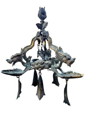 Antique Bronze Old Tibet Triple Dragon Hanging Oil Lamp Intricate 14" T Patina